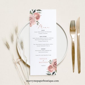 Wedding Menu Card Template, Dusky Pink Floral, Wedding Table Menu, Printable, Editable, Templett INSTANT Download