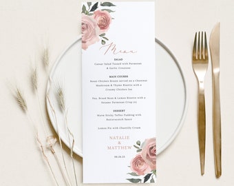 Wedding Menu Card Template, Dusky Pink Floral, Wedding Table Menu, Printable, Editable, Templett INSTANT Download