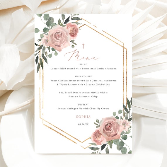 Baptism Menu Template, Dusky Pink Floral, Pink Baptism Table Menu, Dusky Pink Baptism Menu Card, 5x7, Templett INSTANT Download