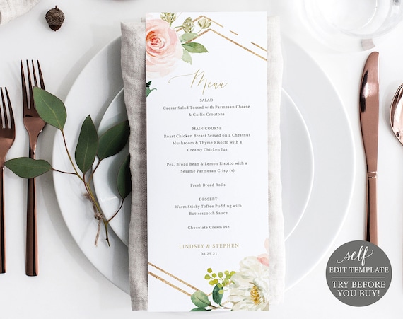 Blush Floral Instant Download 5x7 Editable Wedding Menu Template TRY