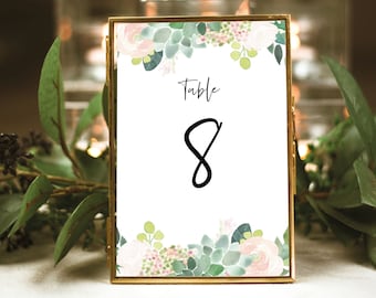 Succulent Floral Table Number Template, Table Number Sign, Printable, Greenery, INSTANT Download, Templett, Editable