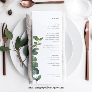 Wedding Menu Template, Elegant Eucalyptus, Greenery, Wedding Table Menu Card Printable, Editable, Templett INSTANT Download