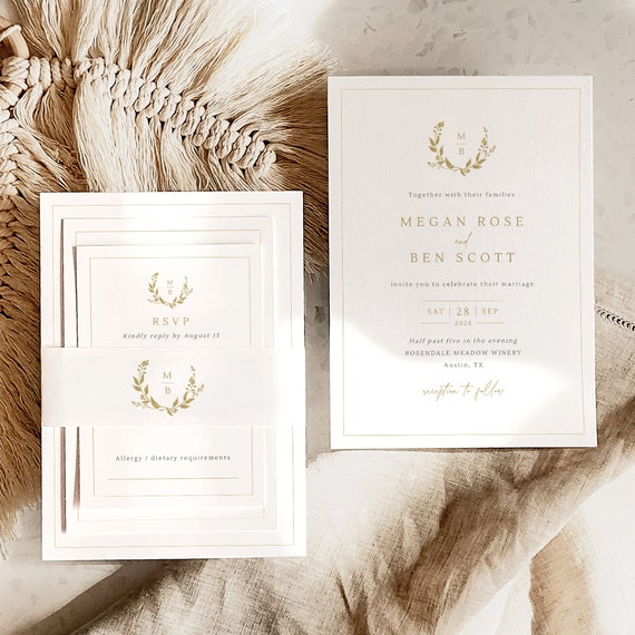 Wedding Invitation Template Set, Gold Wreath and Monogram, Wedding with Belly Band, RSVP, Details Card, Editable, Templett INSTANT Download