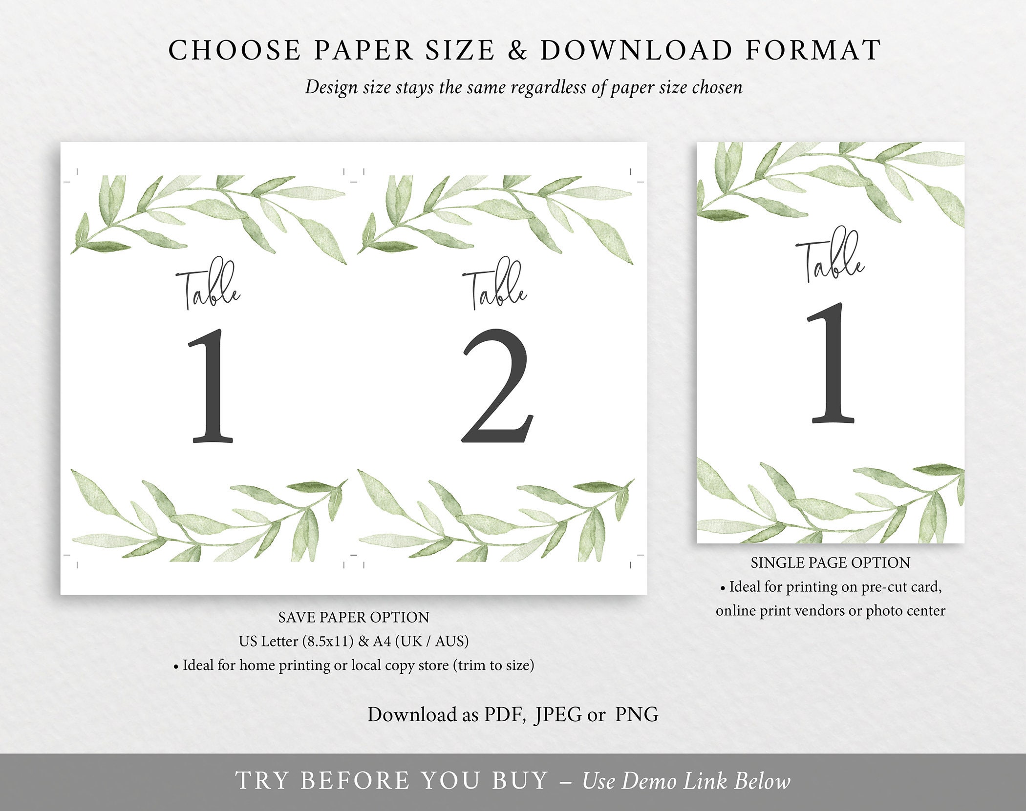 Table Number Template, Greenery Leaves, Editable Instant ...