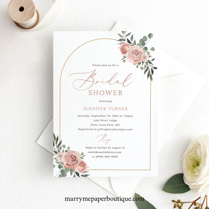 Bridal Shower Invitation Template Dusky Pink Floral Arch Etsy