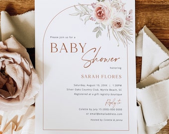 Baby Shower Invitation Template, Blush Floral Boho Arch, 5x7, Boho Baby Shower Invite Card, Printable, Templett INSTANT Download, Editable