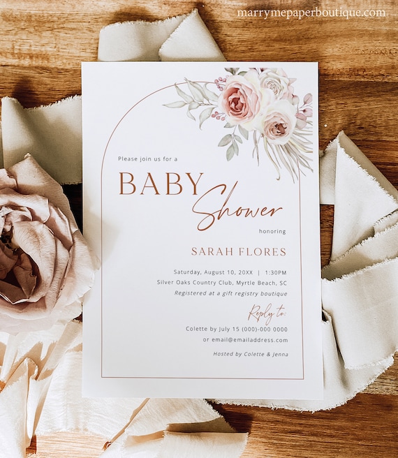 Baby Shower Invitation Template, Blush Floral Boho Arch, 5x7, Boho Baby Shower Invite Card, Printable, Templett INSTANT Download, Editable