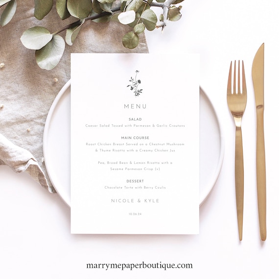 Wedding Menu Template, Elegant Botanic Flowers, Editable Table Menu, Wedding Menu Card, Printable, 5x7 Menu, Templett INSTANT Download