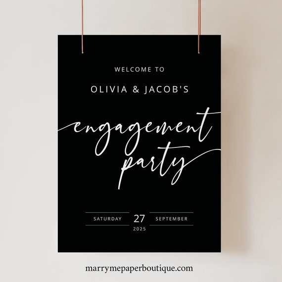 Engagement Party Welcome Sign Template, Modern Script, Black Background, Editable Sign Template, Printable, Templett INSTANT Download