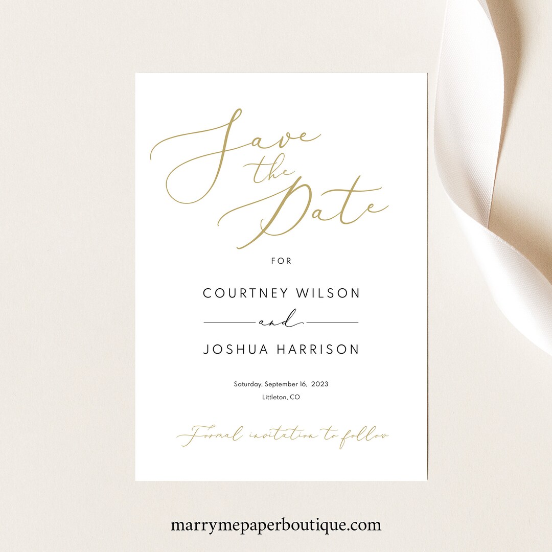 Save the Date Card Template, Elelegant Gold Script, Editable ...
