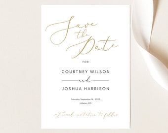 Save the Date Card Template, Elelegant Gold Script, Editable & Printable, Templett, Instant Download, Try Before Purchase