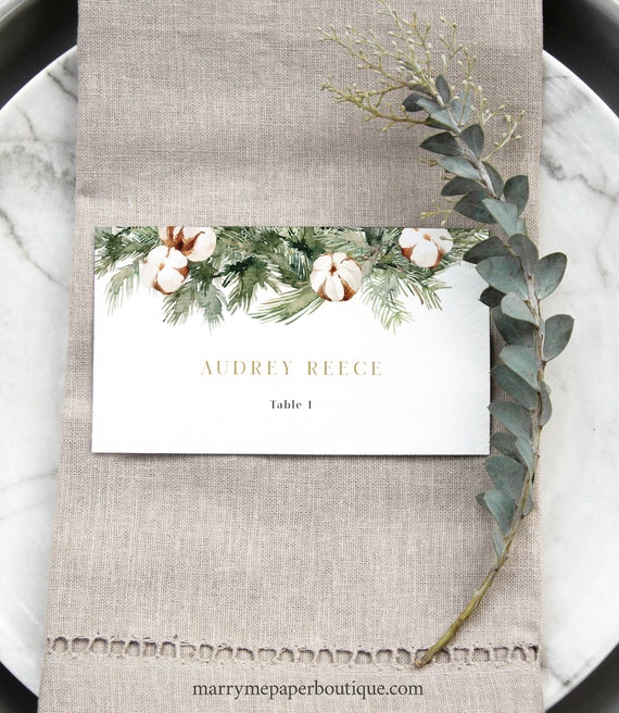 Place Cards Template, Winter Pine & Cotton, Editable, Flat and Tent, Printable, Christmas Seating, Name Cards, Templett INSTANT Download