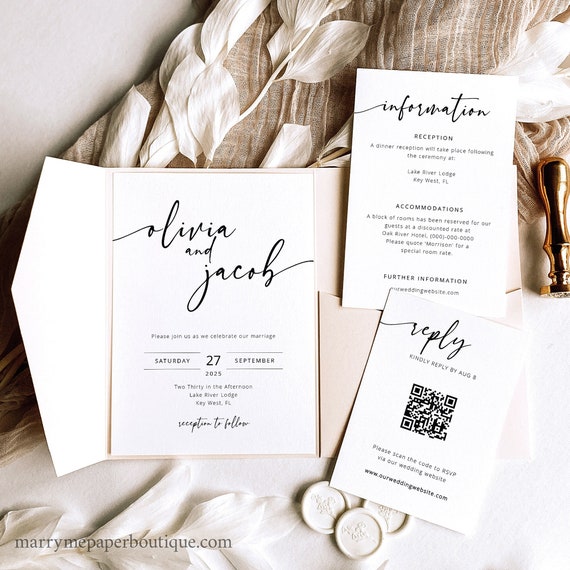 Wedding Invitation Templates, Modern Calligraphy, Pocketfold Design, Editable Invites, QR Code RSVP, Printable, Templett Instant Download