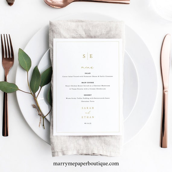 Wedding Menu Template, Minimalist Wedding Monogram, Gold, Editable, 5x7 Wedding Table Menu Card, Printable, Templett INSTANT Download