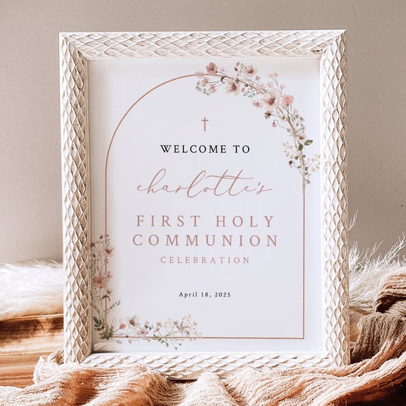 First Communion Welcome Sign Template, Pink Flowers Arch, Pink First Holy Communion Ceremony Sign, 8x10, Editable, Templett INSTANT Download