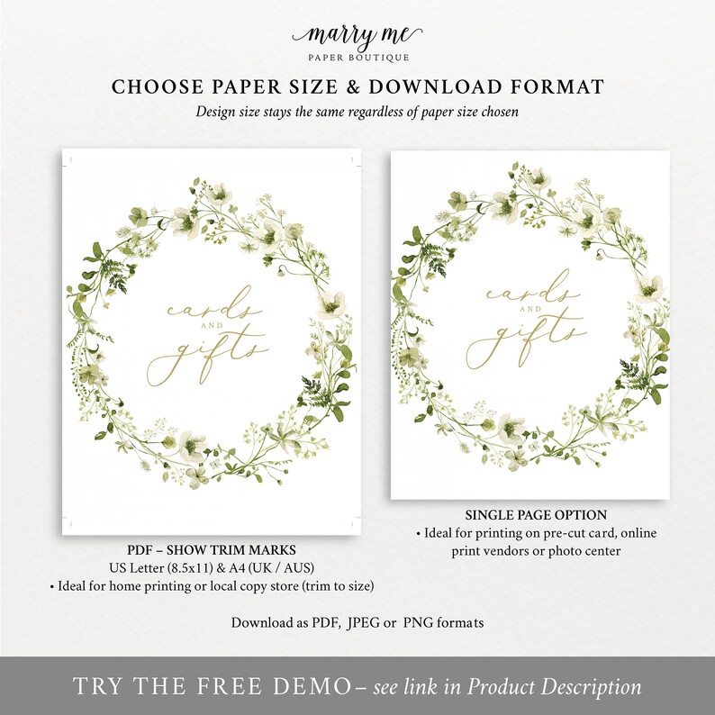 Cards &amp; Gifts Sign Template Rustic Greenery Printable | Etsy