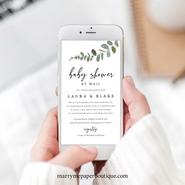 Baby Shower By Mail Text Template, Editable Electronic Invitation, Instant Download, Templett, Eucalyptus Greenery