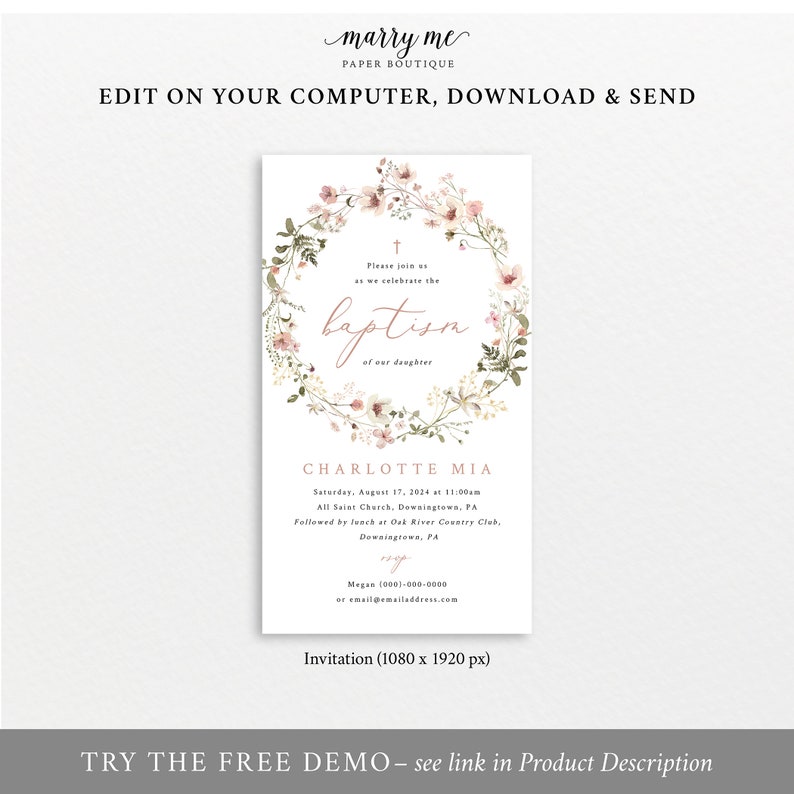 Digital Baptism Text Invitation Template, Rustic Pink Flowers, Pink Baptism Text Invite, Editable, Electronic, Templett INSTANT Download image 4