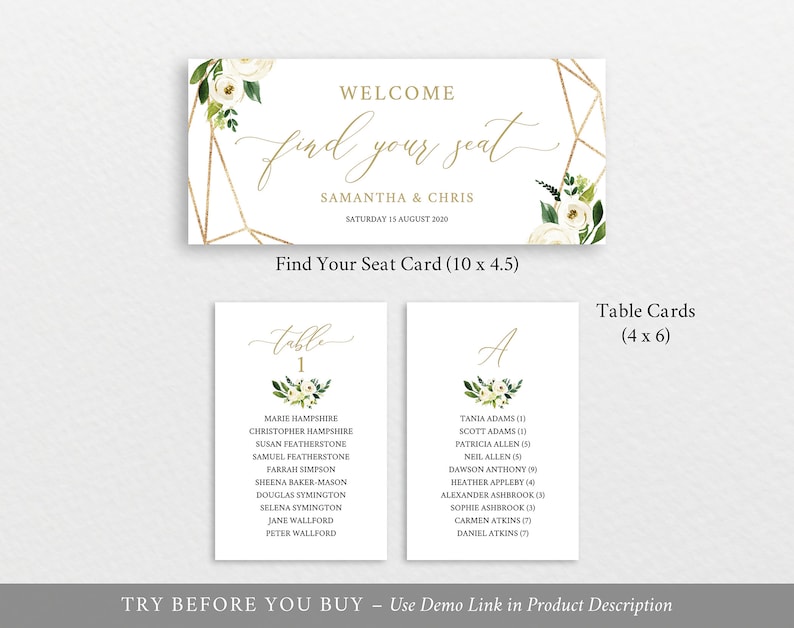 TRY BEFORE You BUY Seating Chart Sign Template White Floral Cards Editable Instant Download