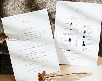 Wedding Welcome & Itinerary Card Template, Minimalist Wedding Monogram, Gold, Editable, Wedding Timeline, Templett INSTANT Download