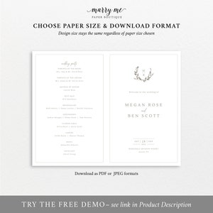 Program Designs 4 Pages Four Page Wedding Program Template, Wreath Monogram, Folding, Editable ...