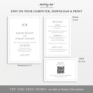 Wedding Invitation Template Set, Minimalist Wedding Monogram, QR Code RSVP, Printable, Editable Wedding Invites, Templett INSTANT Download image 4