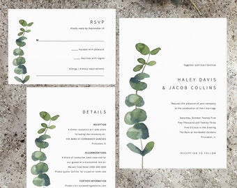 Wedding Invitation Suite Templates, Elegant Eucalyptus, Printable Invitation With Details & RSVP Cards, Editable, Templett INSTANT Download