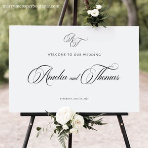 Wedding Welcome Sign Template, Traditional Wedding Calligraphy, Monogram, Wedding Sign Printable, Templett INSTANT Download, Landscape