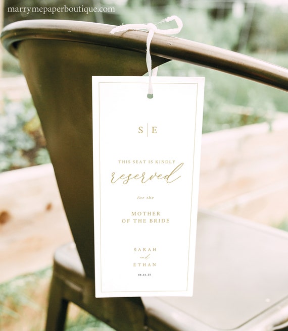 Reserved Seating Sign Template, Minimalist Wedding Monogram, Gold, Editable, Reserved Seat Tag, Printable, 4x9, Templett INSTANT Download