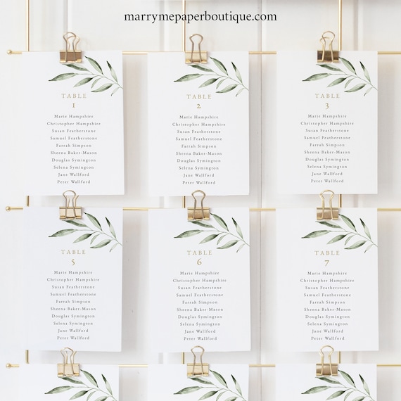 Seating Chart Template Cards, TRY BEFORE You BUY, Editable Instant Download, Greenery Leaf