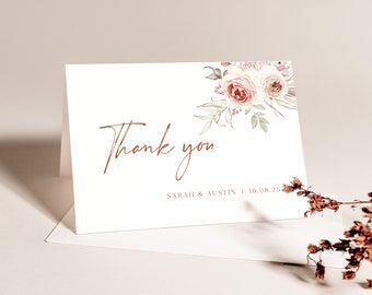 Thank You Card Template, Folding, Elegant Floral Boho, Boho Wedding, Editable Boho Thank You Card, Printable, Templett INSTANT Download
