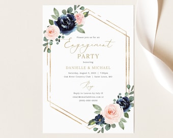 Engagement Party Invitation Template, Navy & Blush Floral, Printable Engagement Party Invite, Editable, Templett INSTANT Download