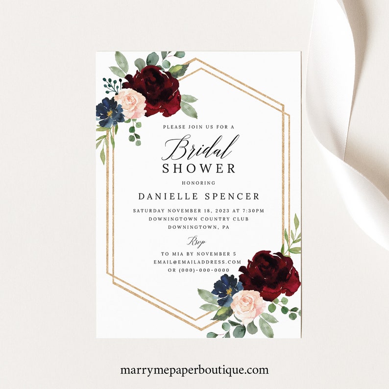 Bridal Shower Invitation Template, Templett Printable, Editable Instant Download, Burgundy Navy 