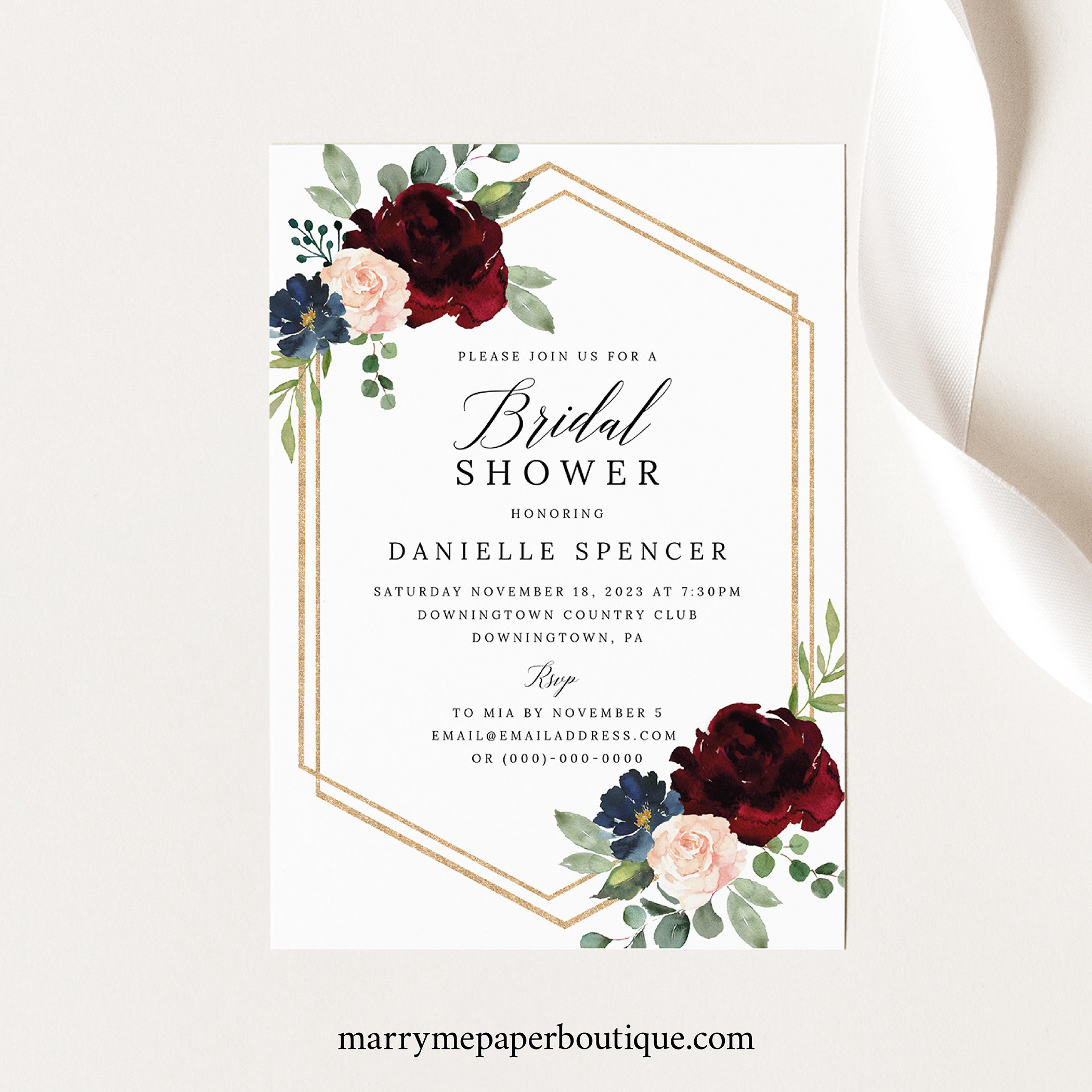 Bridal Shower Invitation Template, Templett Printable, Editable Instant  Download, Burgundy Navy With Blank Bridal Shower Invitations Templates