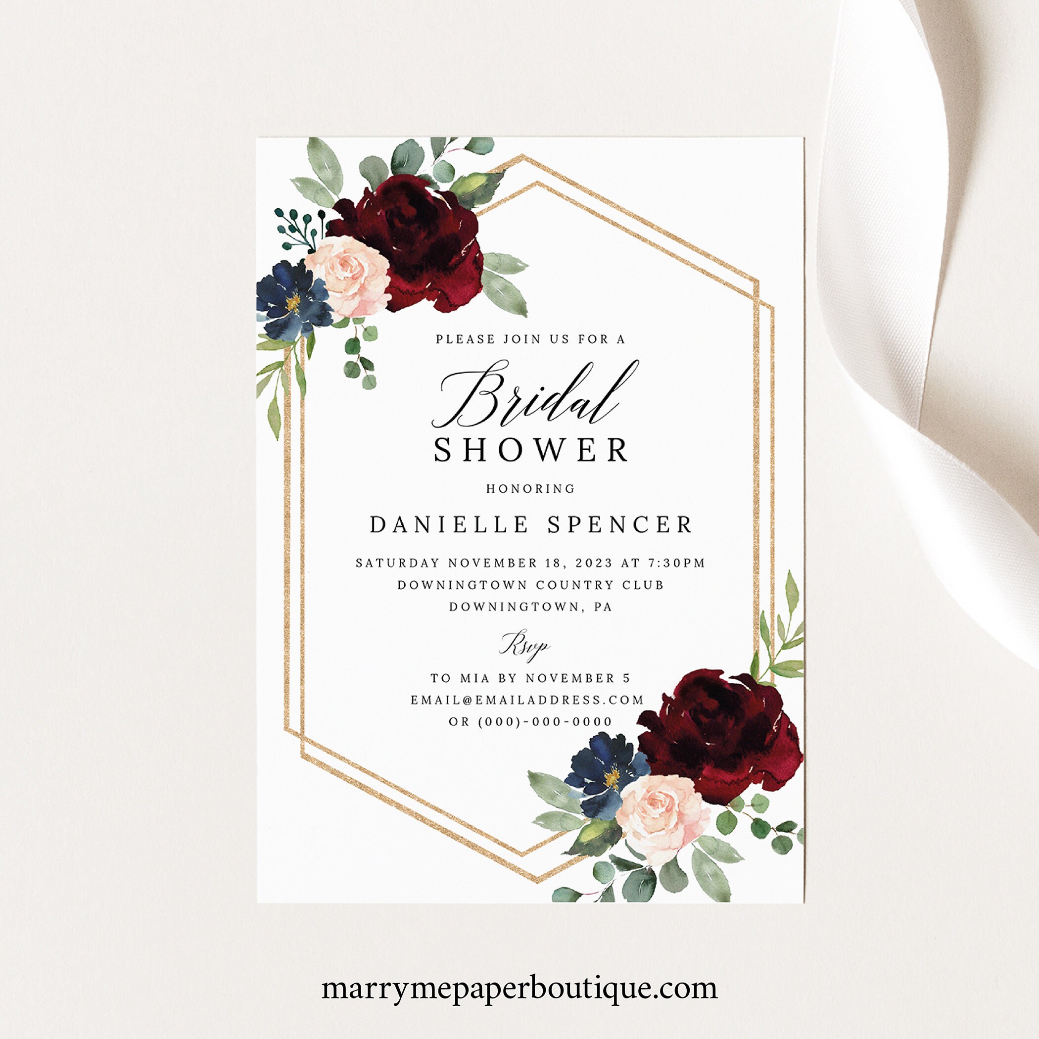 Paper Party Supplies Navy Burgundy Bridal Shower Invitation Template 