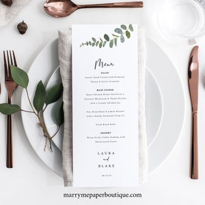 Greenery Menu Template, Eucalyptus Wedding Menu Printable, Templett Editable, Instant Download, Try Before Purchase