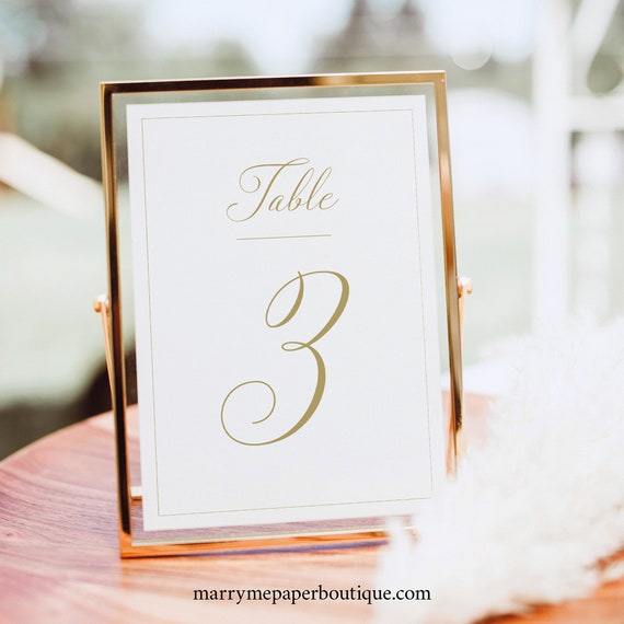 Table Number Sign Template, Traditional Wedding Calligraphy in Gold, Editable, 4x6, 5x7, Wedding Table Number, Templett INSTANT Download