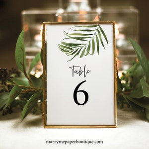 Tropical Table Number Template, Greenery, Beach Wedding Table Number Sign Printable, Templett Editable, Instant Download