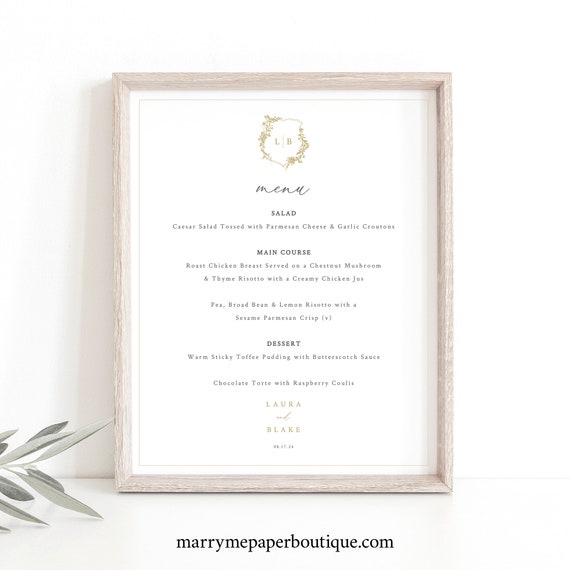 Wedding Table Menu Sign Template, Gold, Wedding Crest & Monogram, 8x10 Wedding Menu Sign, Printable, Editable, Templett INSTANT Download