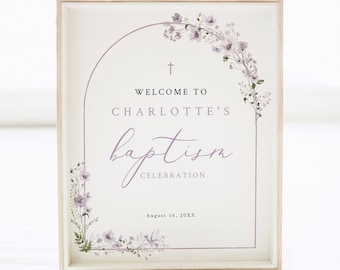 Baptism Welcome Sign Template, Rustic Lavender Flowers Arch, Small Baptism Welcome Sign, 8x10, Editable, Templett INSTANT Download