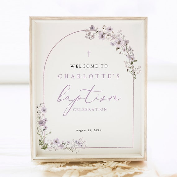 Baptism Welcome Sign Template, Rustic Lavender Flowers Arch, Small Baptism Welcome Sign, 8x10, Editable, Templett INSTANT Download