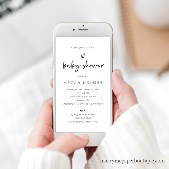 Digital Baby Shower Text Invitation Template, Modern Script & Love Heart, Editable Electronic Baby Shower Invite, Templett INSTANT Download