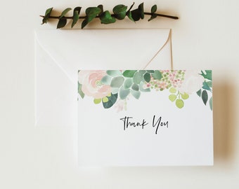 Succulent Floral Thank You Card Template, Green & Blush, Folded Card Printable, Templett Editable, Instant Download