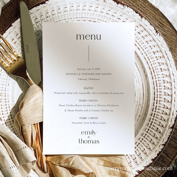 Wedding Menu Template, Minimalist Modern Design, Editable, Wedding Table Menu, Printable, 5x7 Menu Card, Templett INSTANT Download