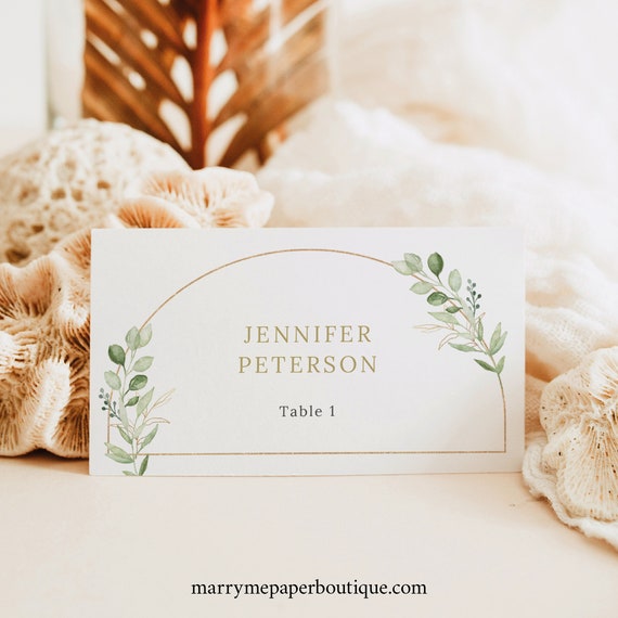 Place Card Template, Greenery Arch, Editable Flat & Tent Place Cards, Printable, Green Leaves Wedding Place Cards, Templett INSTANT Download