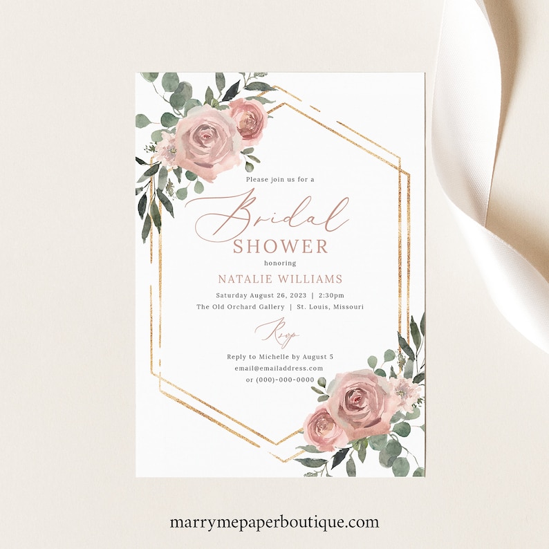 Bridal Shower Invite Template, Dusky Pink Floral, Bridal Shower Invitation Printable, Templett Instant Download, Try Before Purchase 