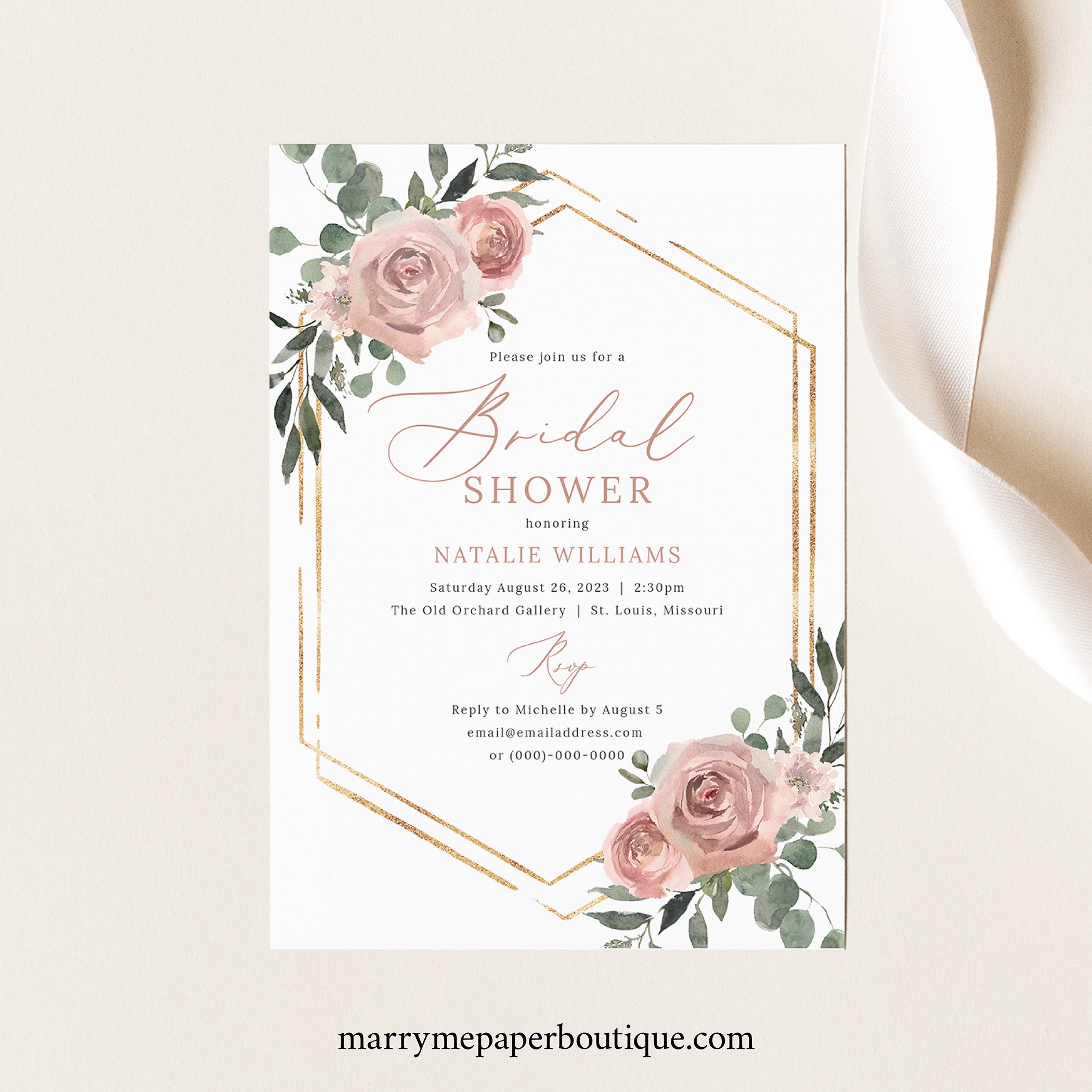 Bridal Shower Invite Template Dusky Pink Floral Bridal  Etsy Intended For Blank Bridal Shower Invitations Templates