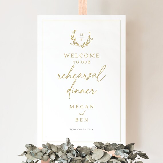 Rehearsal Dinner Welcome Sign Template, Gold Wreath Monogram, Gold Welcome to Our Rehearsal Sign, Editable, Templett INSTANT Download