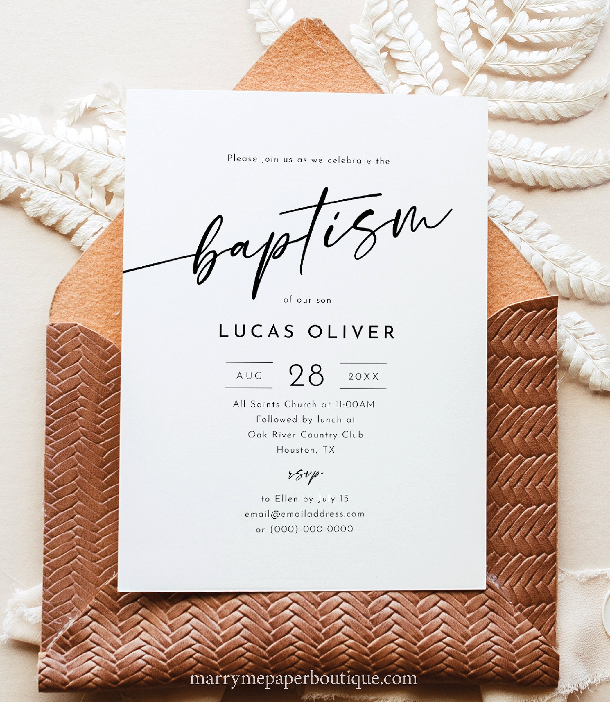 Baptism Invitation Template, Minimalist Calligraphy, 5x7, Modern ...