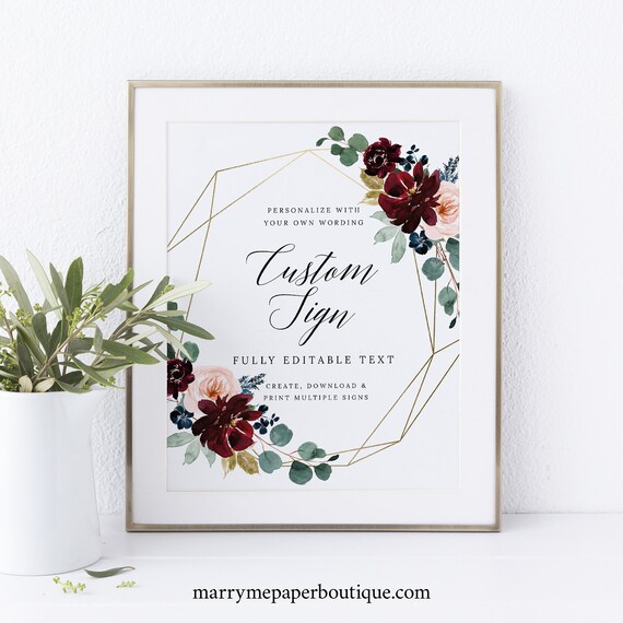 Wedding Sign Bundle Template Set Burgundy Floral Printable | Etsy